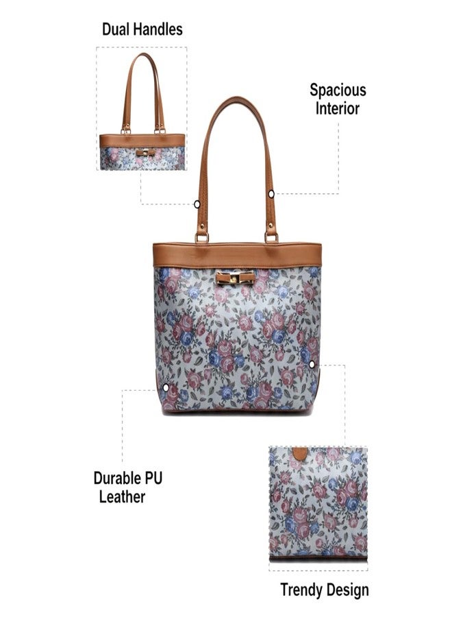 TYPIFY® Elegance Collection Women's Floral Print Tote Handbag, Faux Leather with Brown Trim, Pink and Blue Roses Pattern, Metal Bow Detail | Spacious Shoulder Bag for Office, College & Daily Use |Gift - Image 4
